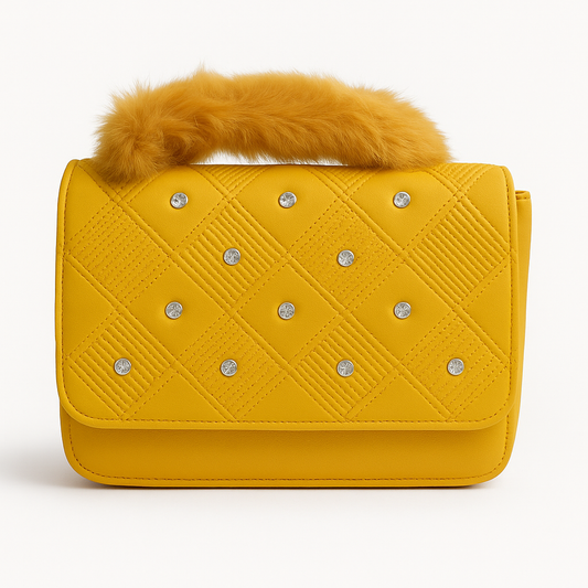 Sunburst Quilted Crossbody – Yellow Faux Fur Handle Edition