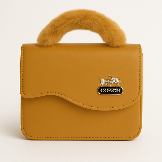 Mustard Classic Coach-Inspired Handbag – Faux Fur Handle Edition