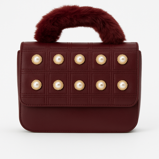 Maroon Pearl Elegance Handbag – Luxe Fur Handle Edition