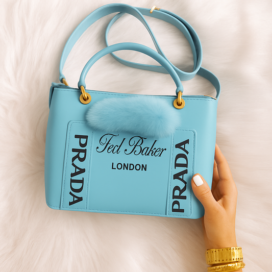 Ice Blue Luxury Tote with Faux Fur Charm