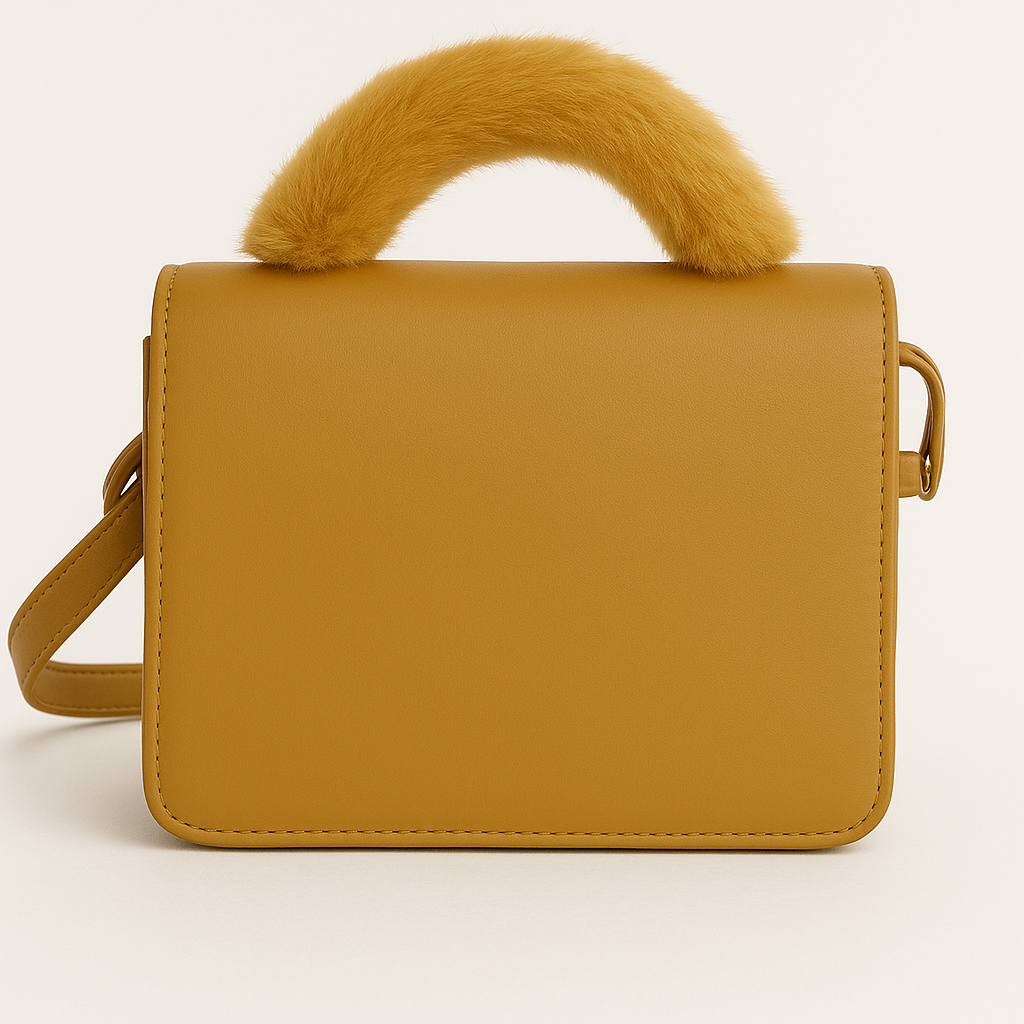 Mustard Classic Coach-Inspired Handbag – Faux Fur Handle Edition