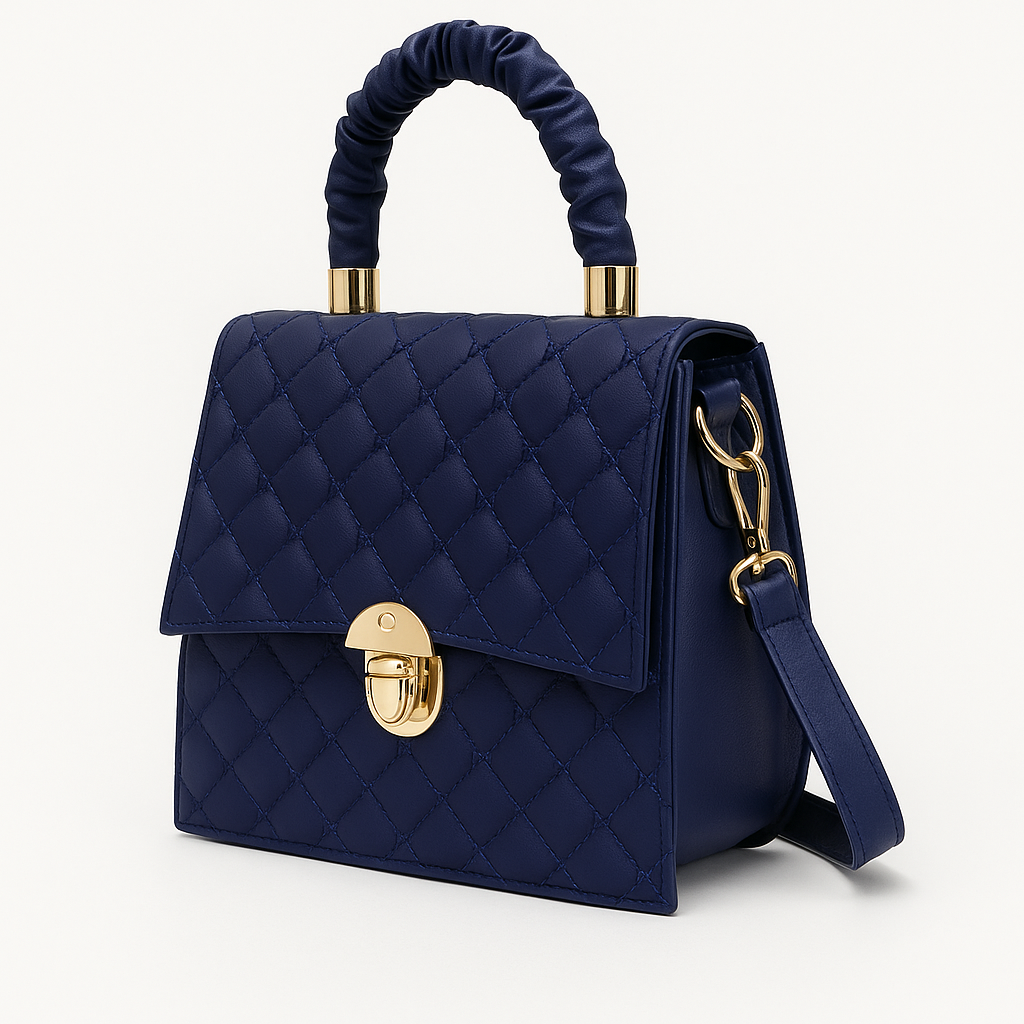 Midnight Blue Quilted Handbag with Ruched Handle