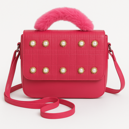 Pearl Glamour Handbag – Bold Red with Fur Handle