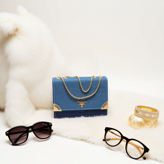 Sapphire Chic – Elegant Blue Handbag with Gold Chain Detail