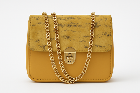 Golden Mustard Chain Bag – Velvet Touch Flap with Gold Lock