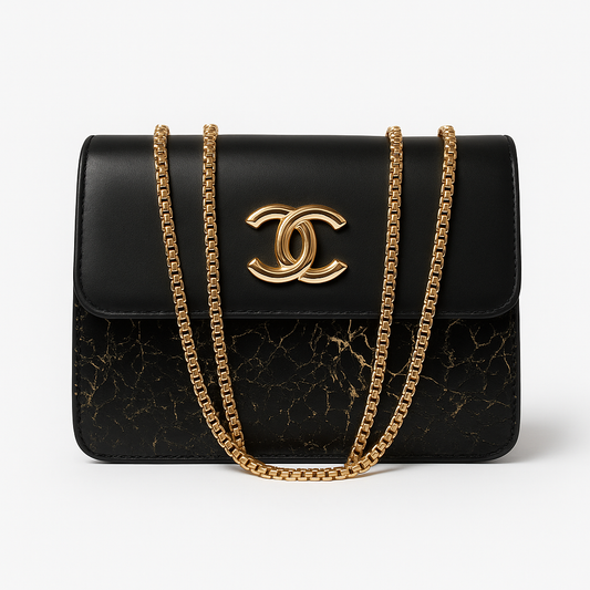 Black Marble Luxe Chain Bag – Gold Emblem Edition