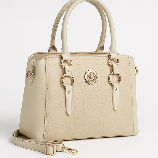Ivory Croc-Textured Structured Tote – Gold Emblem Edition