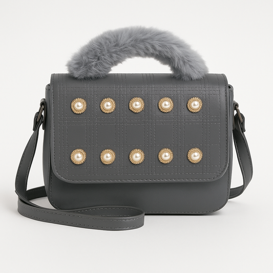 Grey Pearl Luxe Crossbody – Soft Fur Handle with Gold Accents