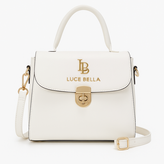 Luce Bella White Mini Satchel – Gold Logo Edition