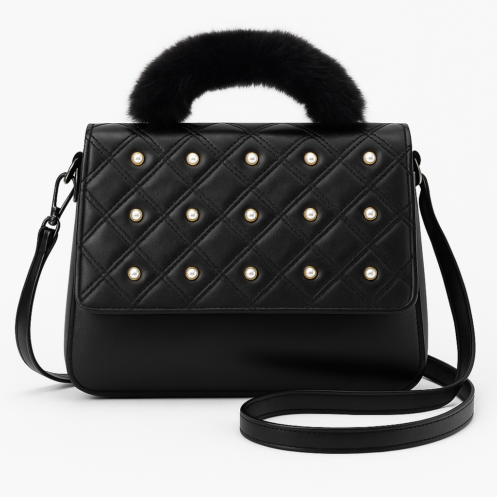 Black Quilted Pearl Handbag – Fur Handle Luxe Edition
