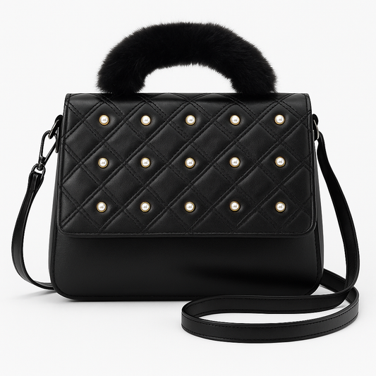 Black Quilted Pearl Handbag – Fur Handle Luxe Edition