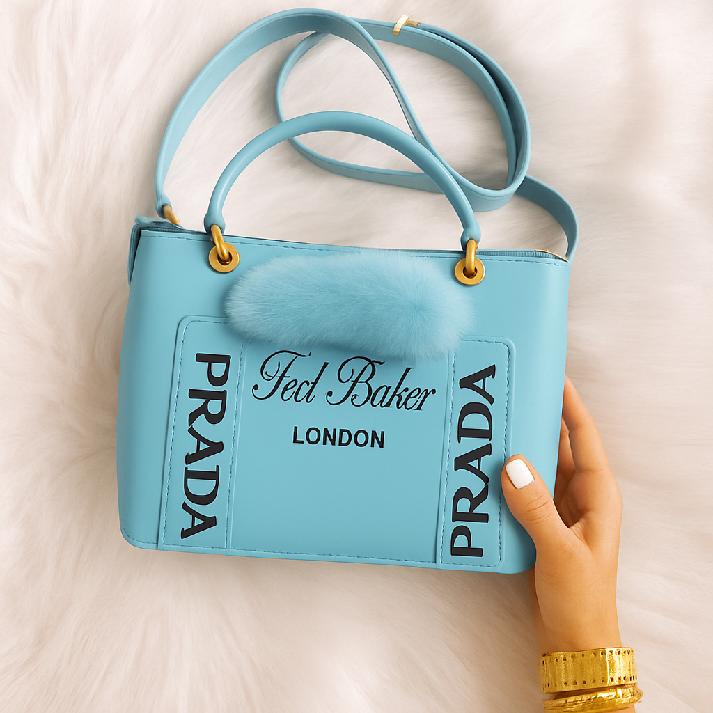 Ice Blue Luxury Tote with Faux Fur Charm