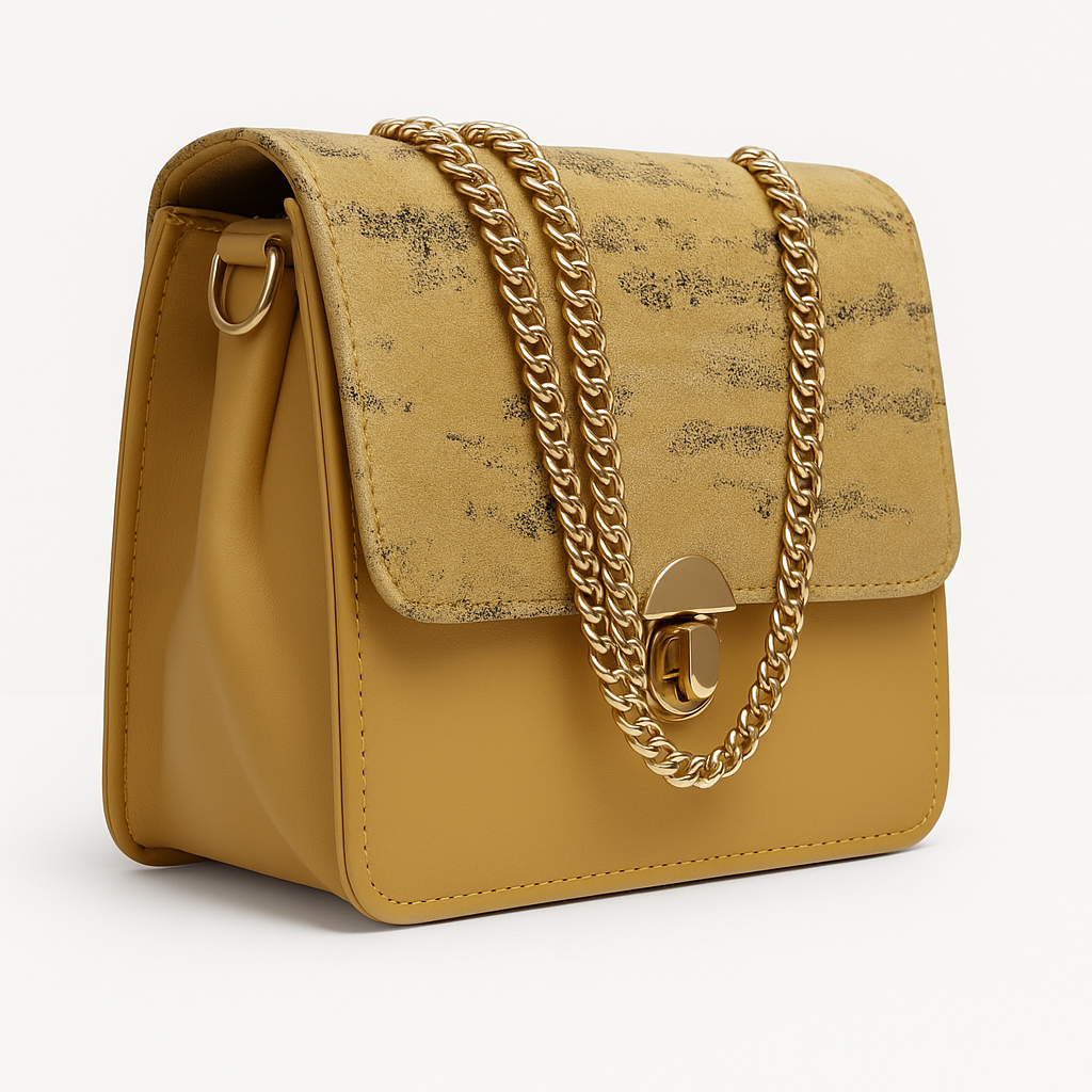 Golden Mustard Chain Bag – Velvet Touch Flap with Gold Lock