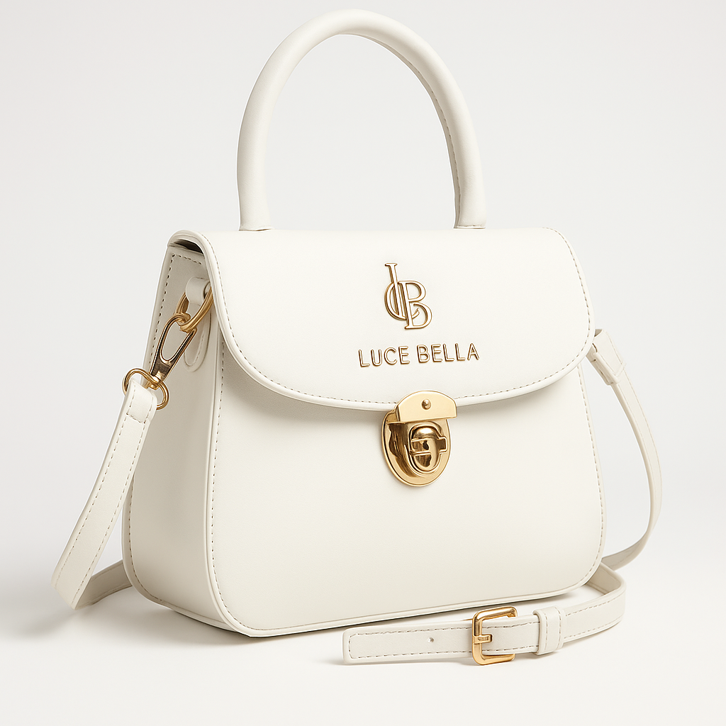 Luce Bella White Mini Satchel – Gold Logo Edition