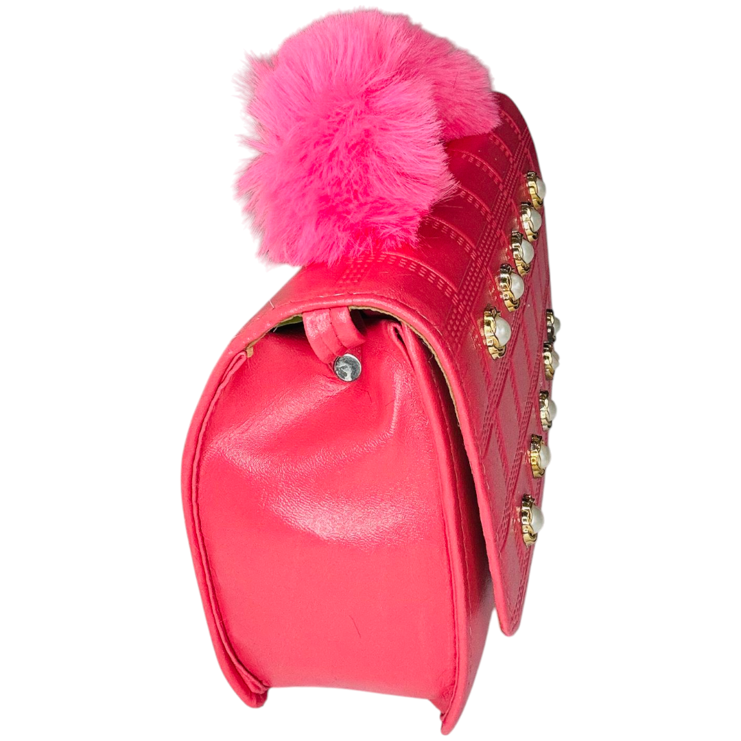 Pearl Glamour Handbag – Bold Red with Fur Handle