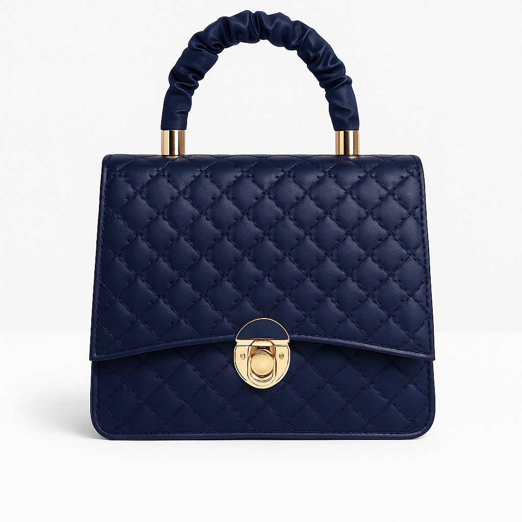 Midnight Blue Quilted Handbag with Ruched Handle