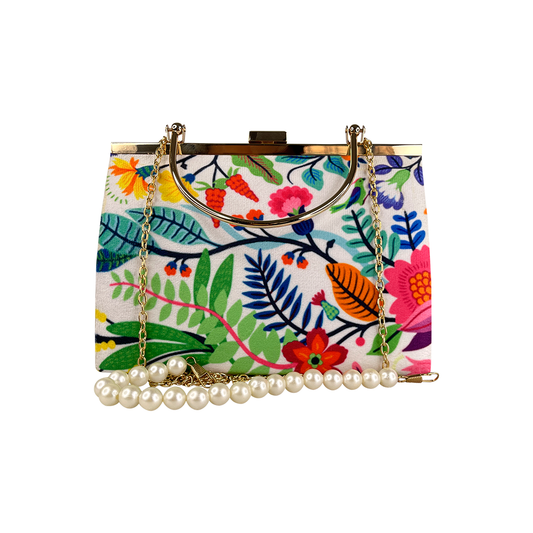 PEARL CHAIN CLUTCH FLORAL PATTERN BAG