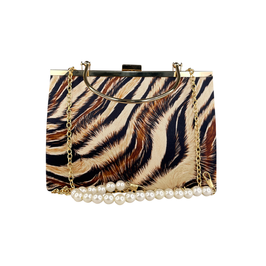 PEARL CHAIN CLUTCH TIGER PATTERN BAG